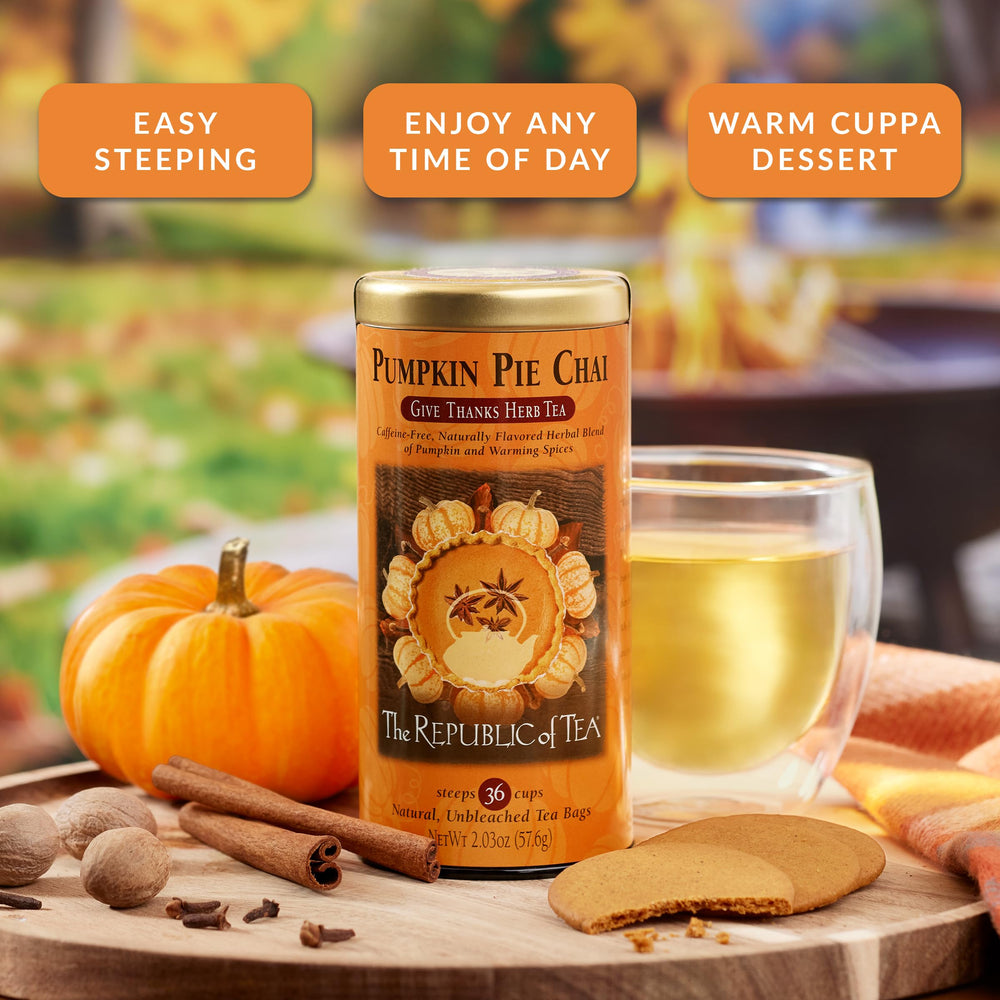 The Republic of Tea iced pumpkin pie chai in glass, refreshing seasonal benefit