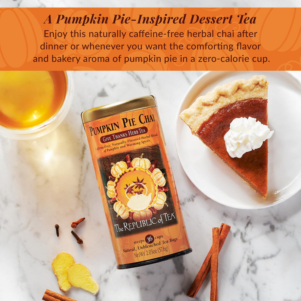 The Republic of Tea spices and pumpkin imagery, highlights aromatic flavor benefit