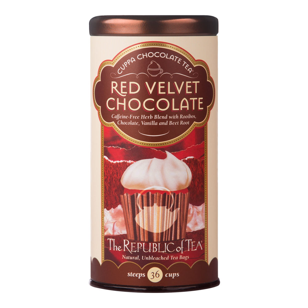 The Republic of Tea brewed cup top view displaying rich red hue and dessert-like aroma
