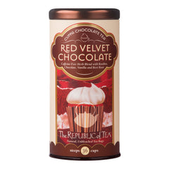The Republic of Tea brewed cup top view displaying rich red hue and dessert-like aroma