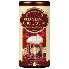 The Republic of Tea front packaging showing 36-count red velvet dessert tea and gift-ready appeal