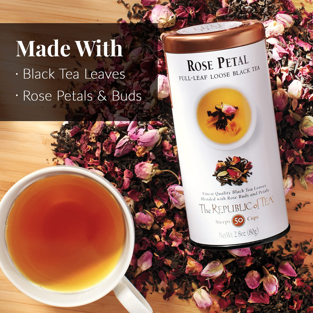 Top-down brewed cup of rose petal black tea by The Republic of Tea showing inviting color