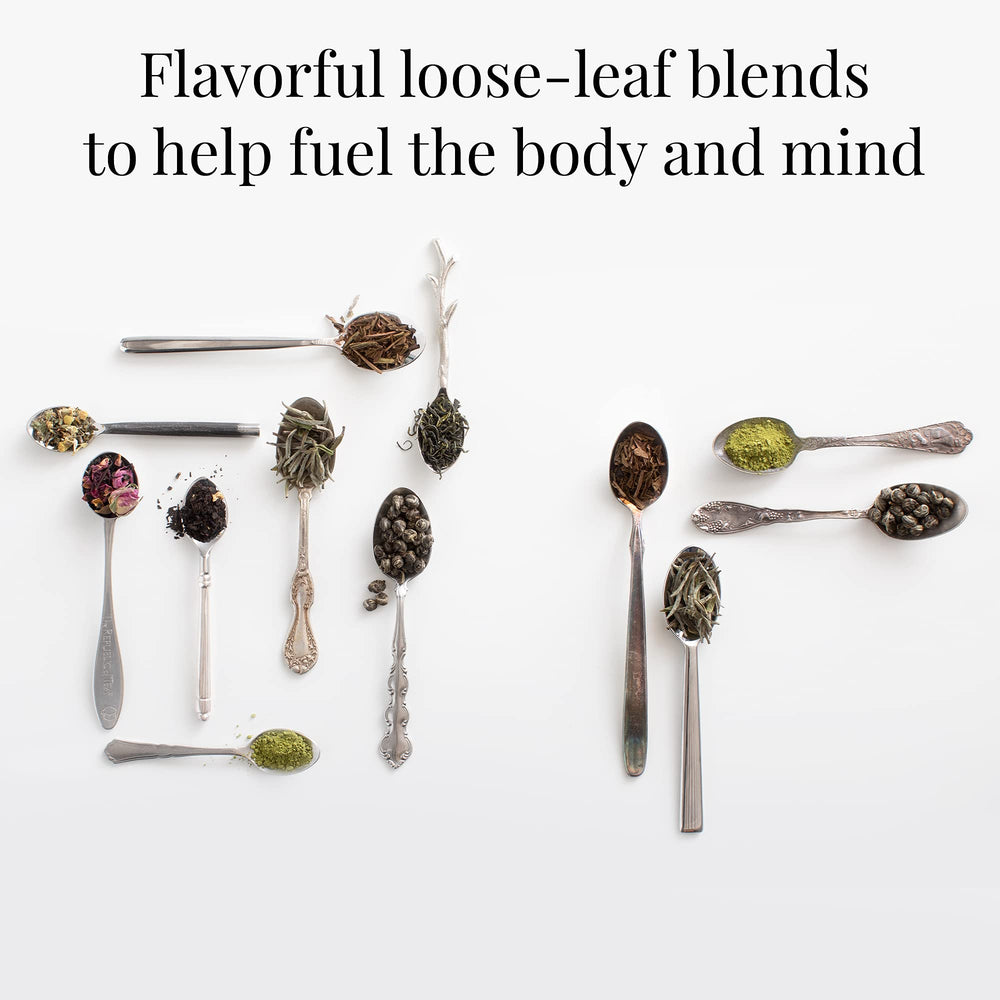 2.8 oz tin beside teaspoon showing scale and yield for The Republic of Tea convenience