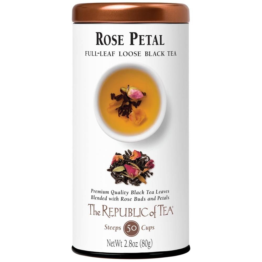 The Republic of Tea tin front view showing rose petal blend and resealable lid benefit freshness
