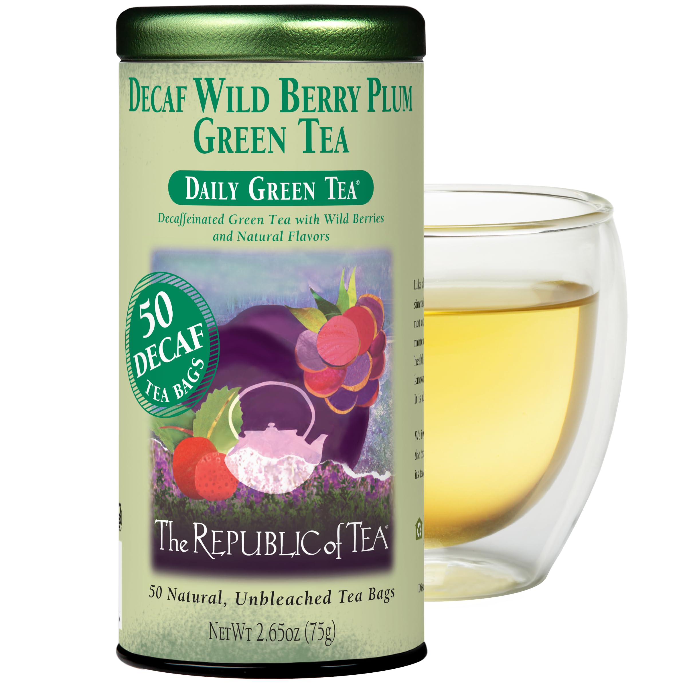 Close-up of the round natural tea bag and leaf texture highlighting The Republic of Tea quality