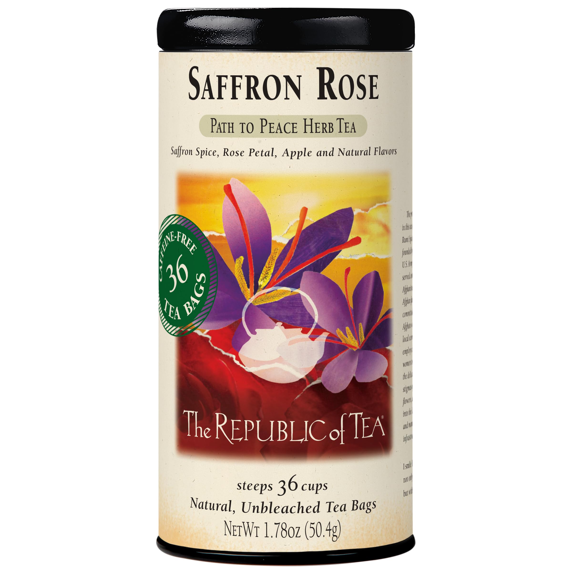 The Republic of Tea front tin showing saffron rose blend for aromatic, caffeine‑free enjoyment