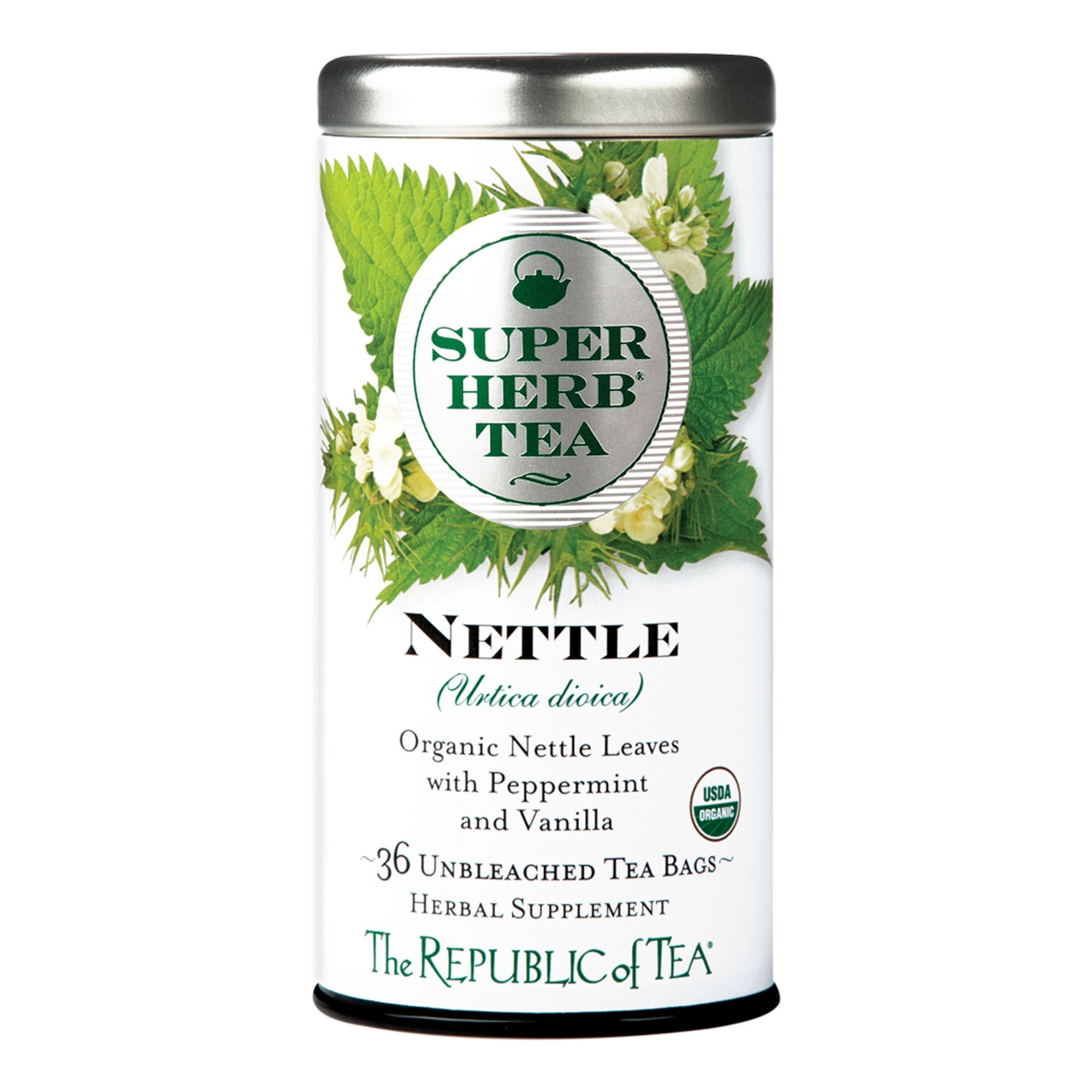 The Republic of Tea front box showing 36-count SuperHerb Nettle, clear organic labeling and convenience