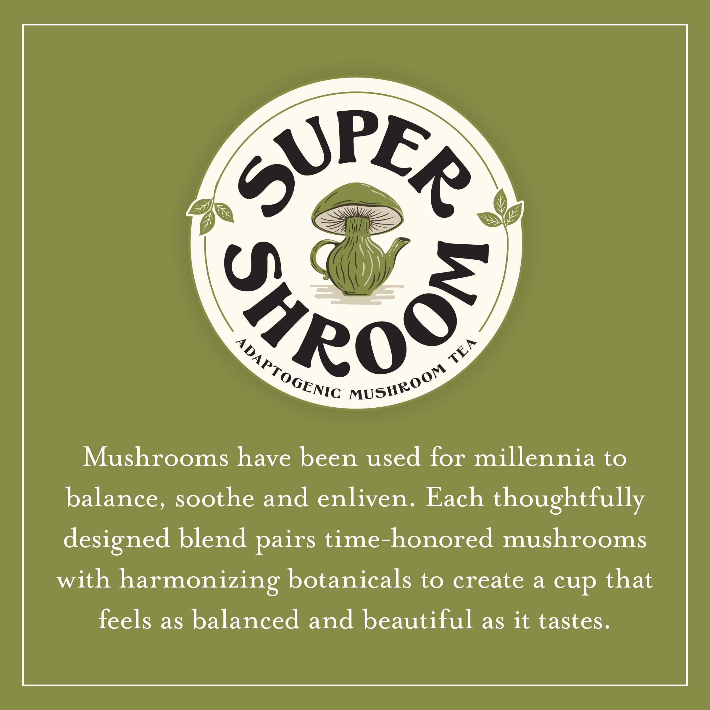 Steaming brewed cup of SuperShroom Calm by The Republic of Tea illustrating rich chocolate notes