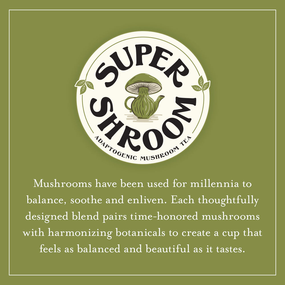 Steaming brewed cup of SuperShroom Calm by The Republic of Tea illustrating rich chocolate notes