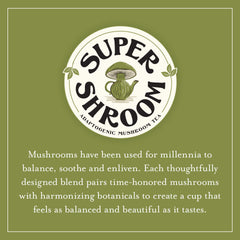 Steaming brewed cup of SuperShroom Calm by The Republic of Tea illustrating rich chocolate notes