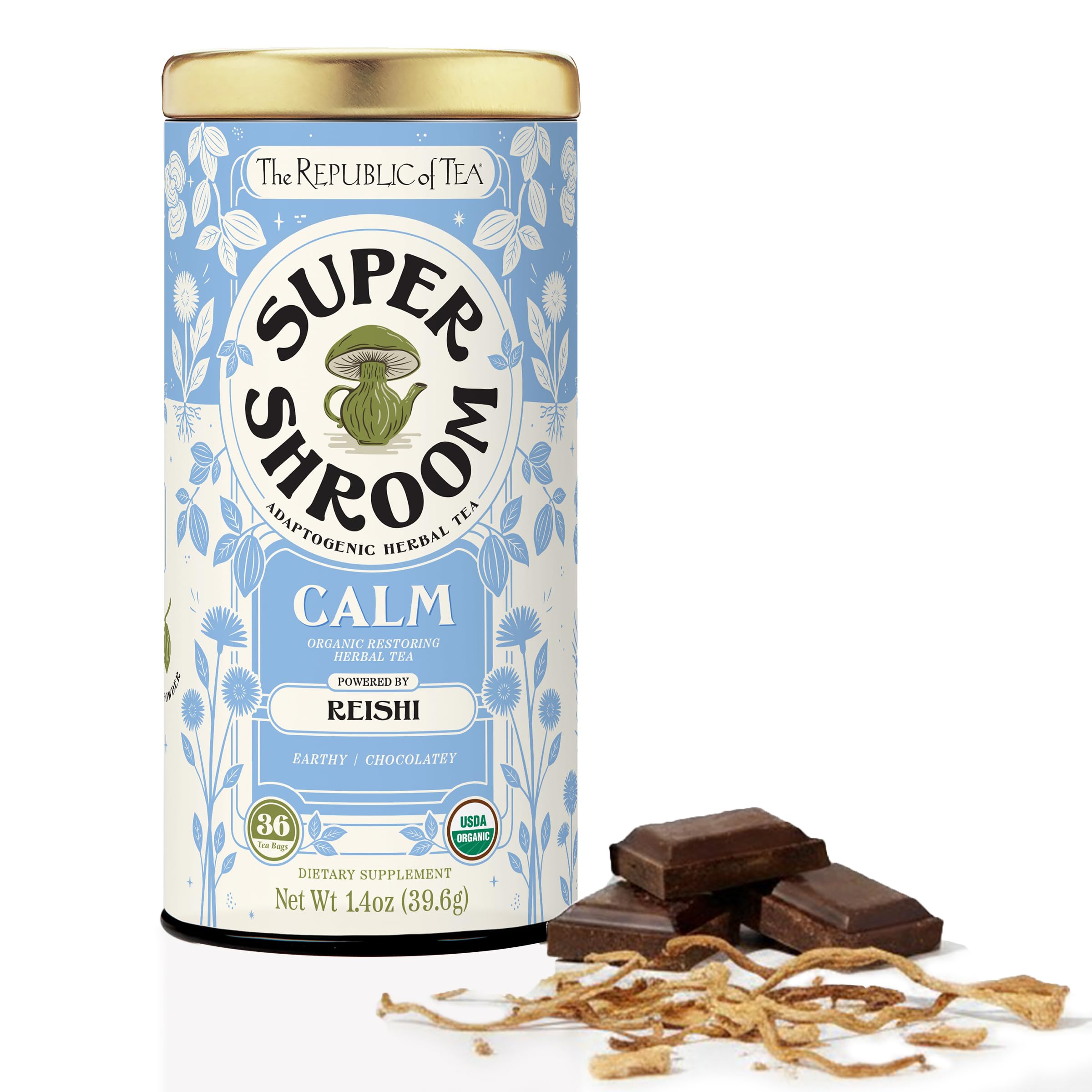 The Republic of Tea box front showing SuperShroom Calm 36-count for easy selection