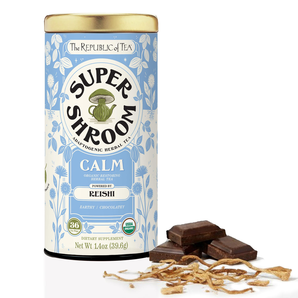 The Republic of Tea box front showing SuperShroom Calm 36-count for easy selection