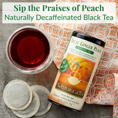 The Republic of Tea tea bag close-up with tag and convenient refill benefit