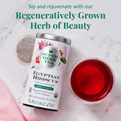 Close-up of The Republic of Tea hibiscus tea bag, highlighting whole-petal texture and freshness