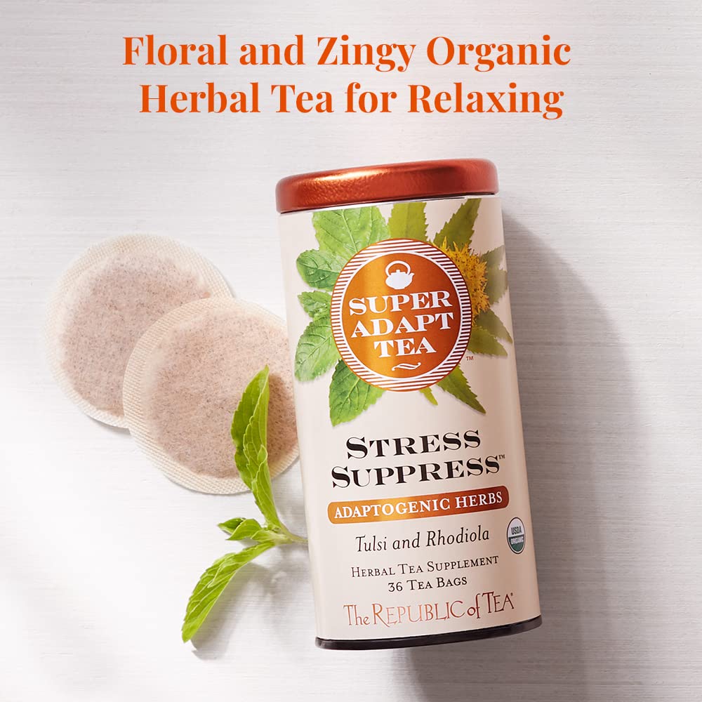 Close-up of a SuperAdapt tea bag with visible herbs highlighting organic blend freshness