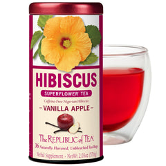 The Republic of Tea front box showing vanilla apple hibiscus blend and 36-count convenience