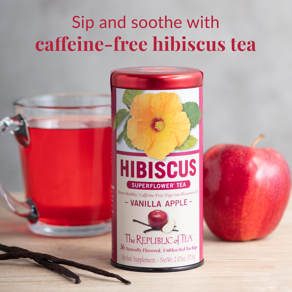 The Republic of Tea close-up of hibiscus and apple pieces showing natural ingredients