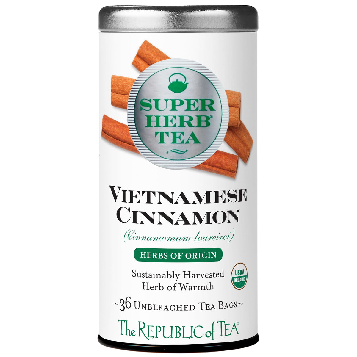 The Republic of Tea front packaging showing organic Vietnamese cinnamon and benefits