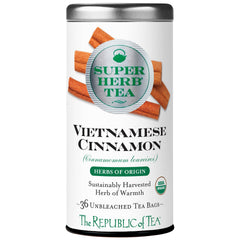 The Republic of Tea front packaging showing organic Vietnamese cinnamon and benefits