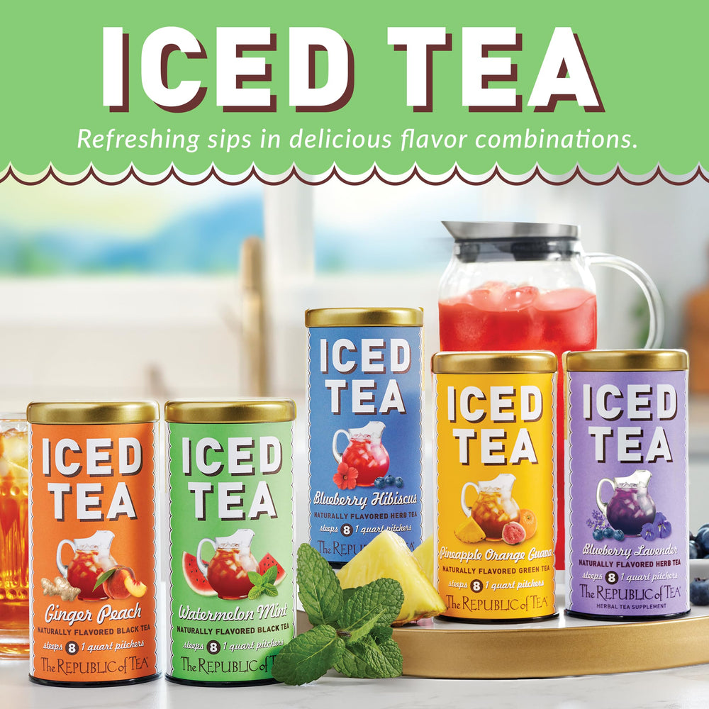 Chilled glass garnished with mint and watermelon, The Republic of Tea stylish, flavorful serving suggestion