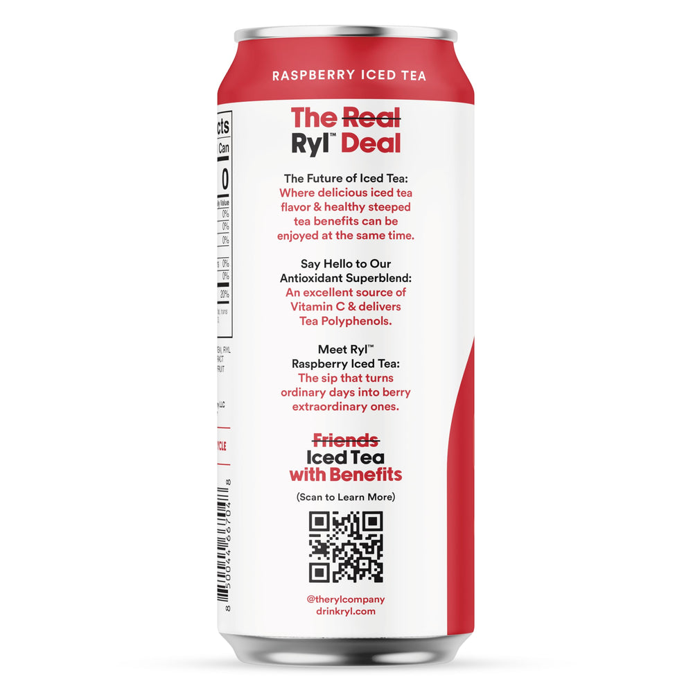 The Ryl Co raspberry iced tea label close-up highlighting natural ingredients and benefits