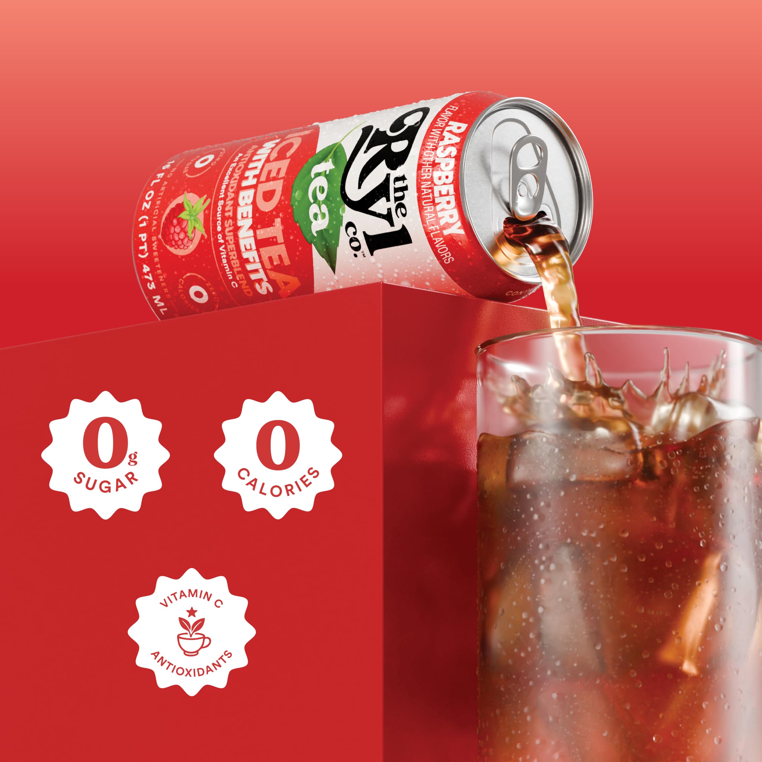 The Ryl Co raspberry iced tea poured into a glass over ice, showcasing refreshing clarity