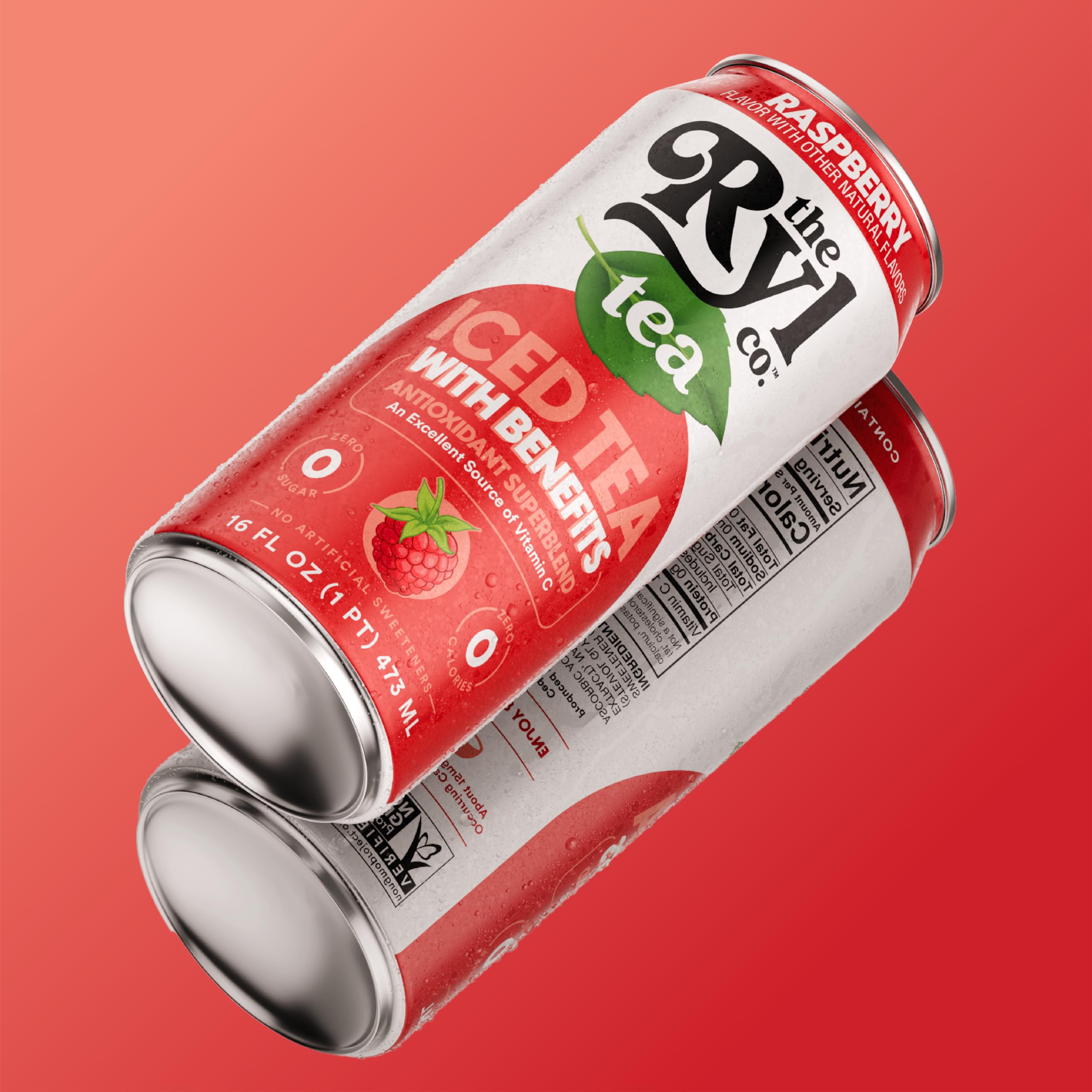 The Ryl Co raspberry iced tea nutrition panel, highlighting zero sugar and vitamin C