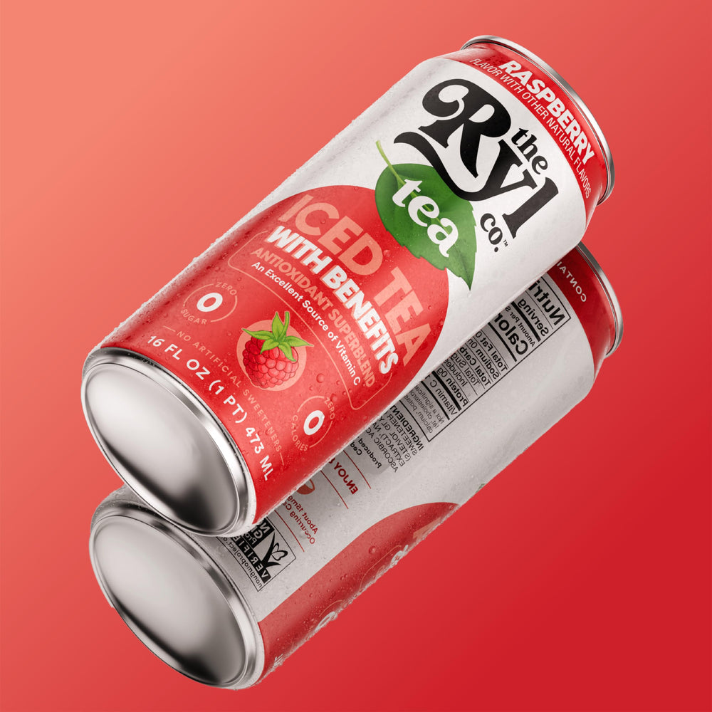 The Ryl Co raspberry iced tea nutrition panel, highlighting zero sugar and vitamin C