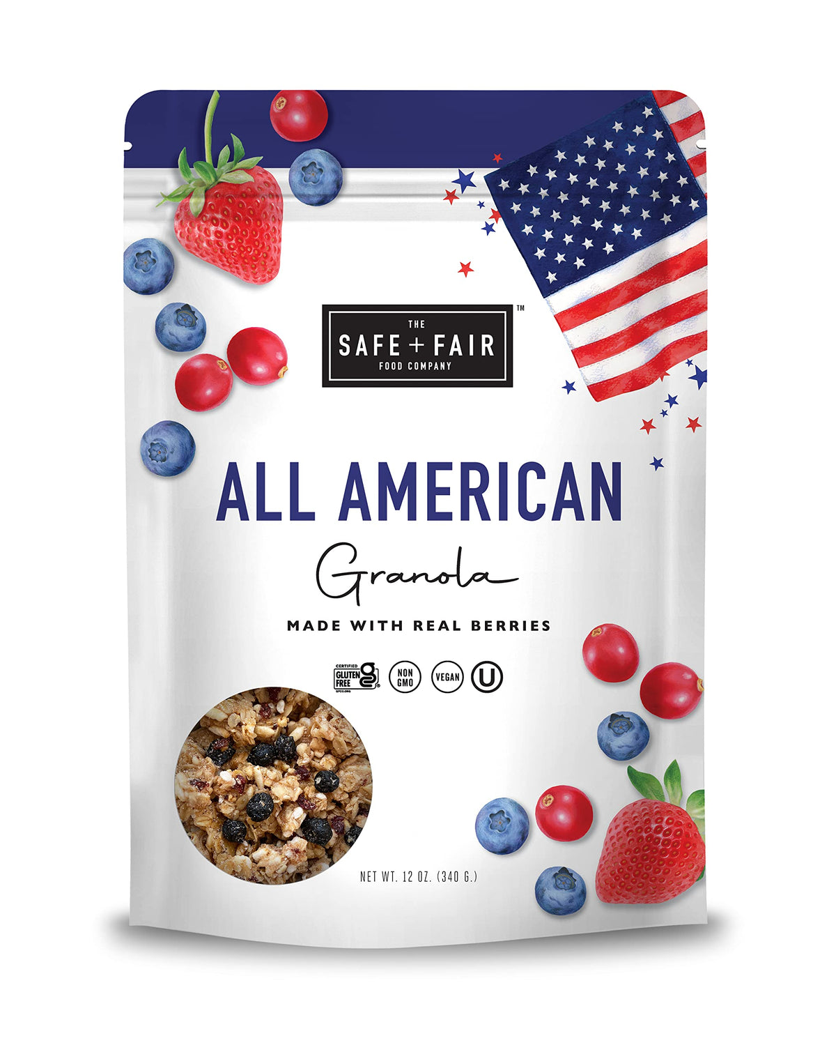 The Safe + Fair Food Company front packaging showing gluten-free granola for pantry convenience