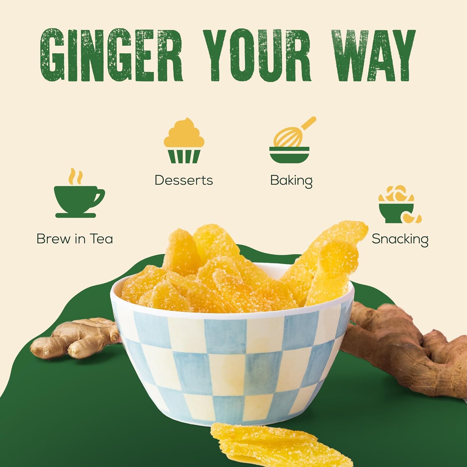 The Snackery ginger pieces in bowl ready to serve for flavor addition