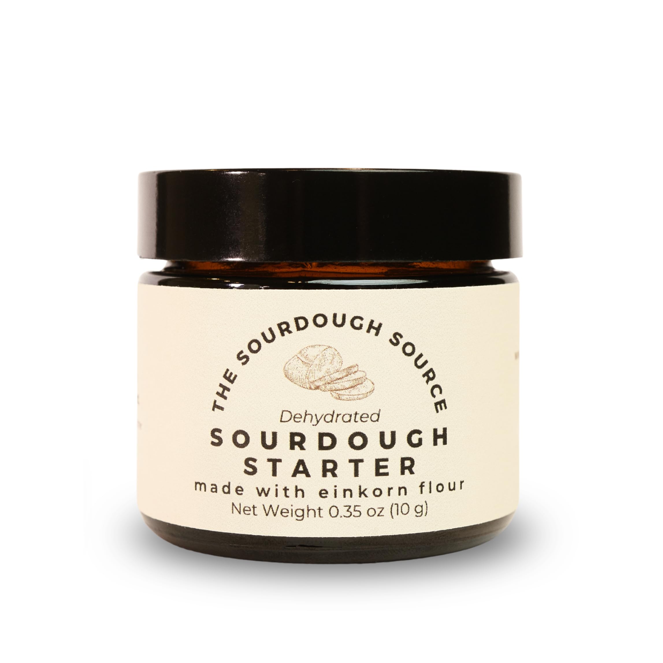 The Sourdough Source front jar packaging showing Einkorn starter and clarity benefit