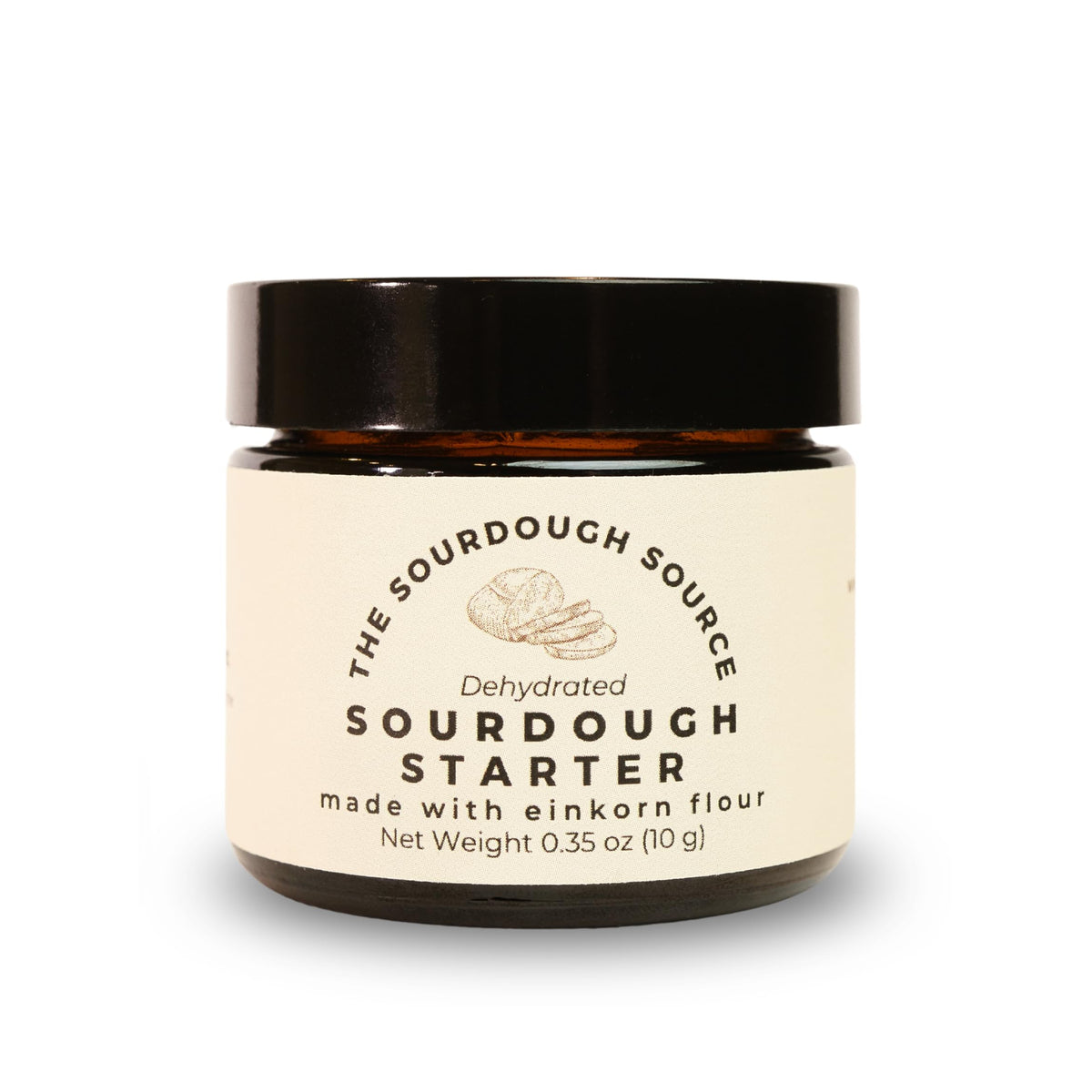 The Sourdough Source front jar packaging showing Einkorn starter and clarity benefit