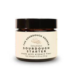 The Sourdough Source front jar packaging showing Einkorn starter and clarity benefit