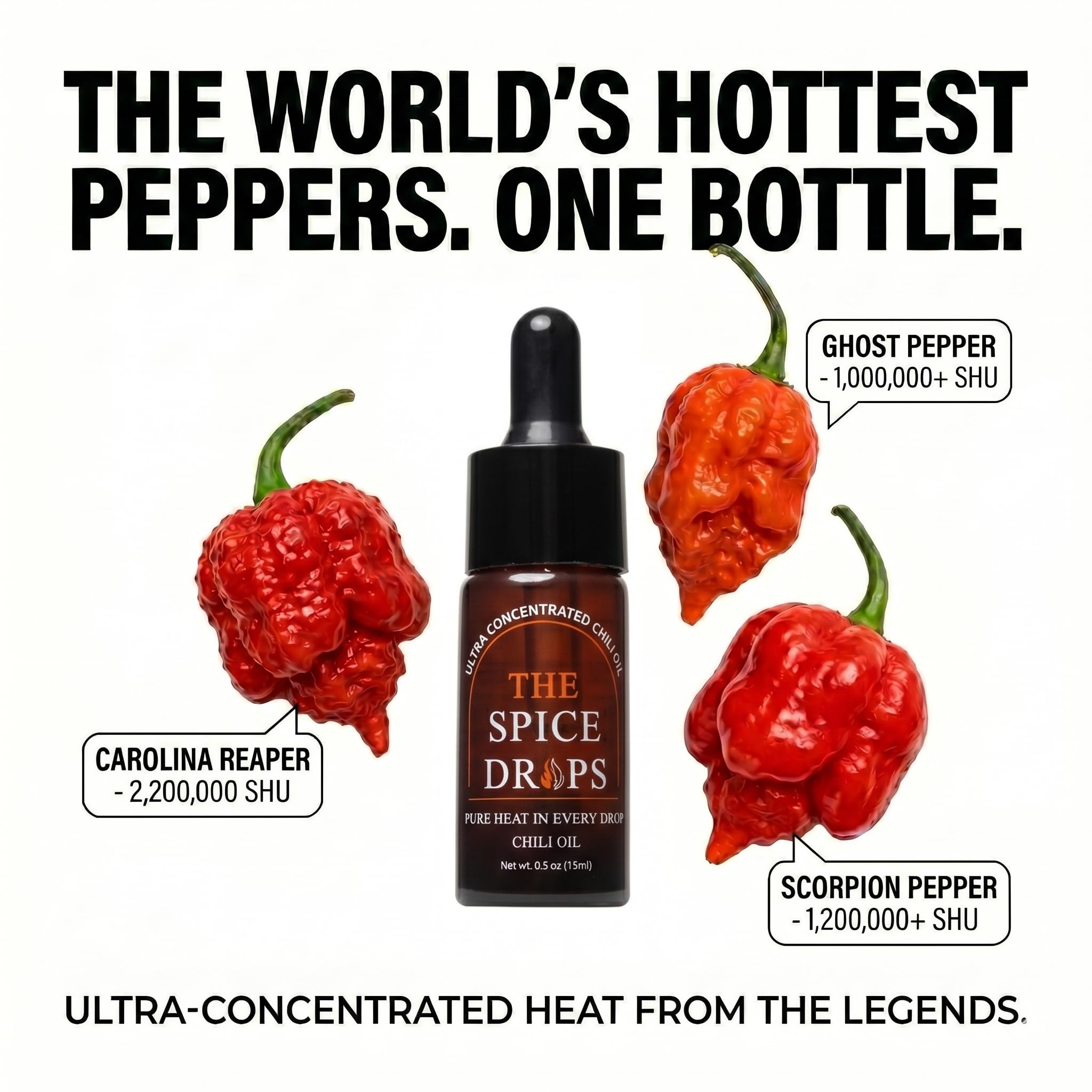 The Spice Drops raw peppers and grapeseed oil bottles showing clean, simple ingredients