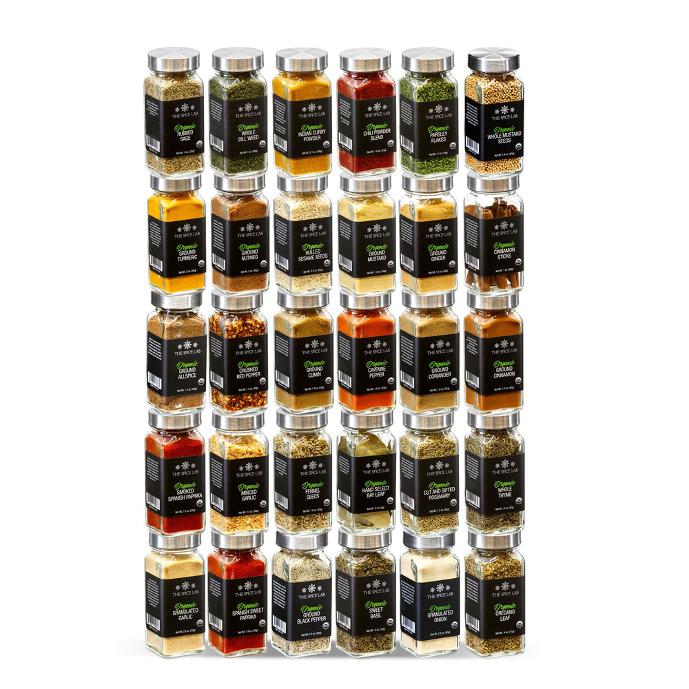 The Spice Lab front packaging showing 30 organic spice jars, organizes pantry quickly