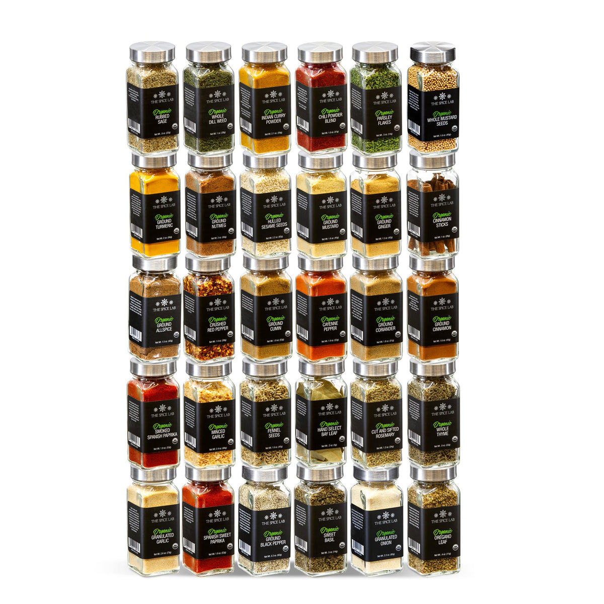 The Spice Lab front packaging showing 30 organic spice jars, organizes pantry quickly