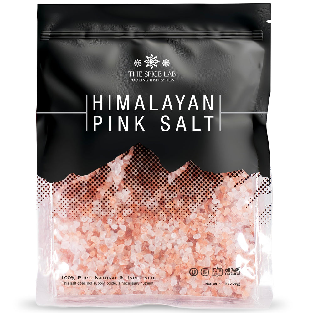 The Spice Lab front packaging showing 5 lb coarse pink Himalayan salt, ideal bulk supply