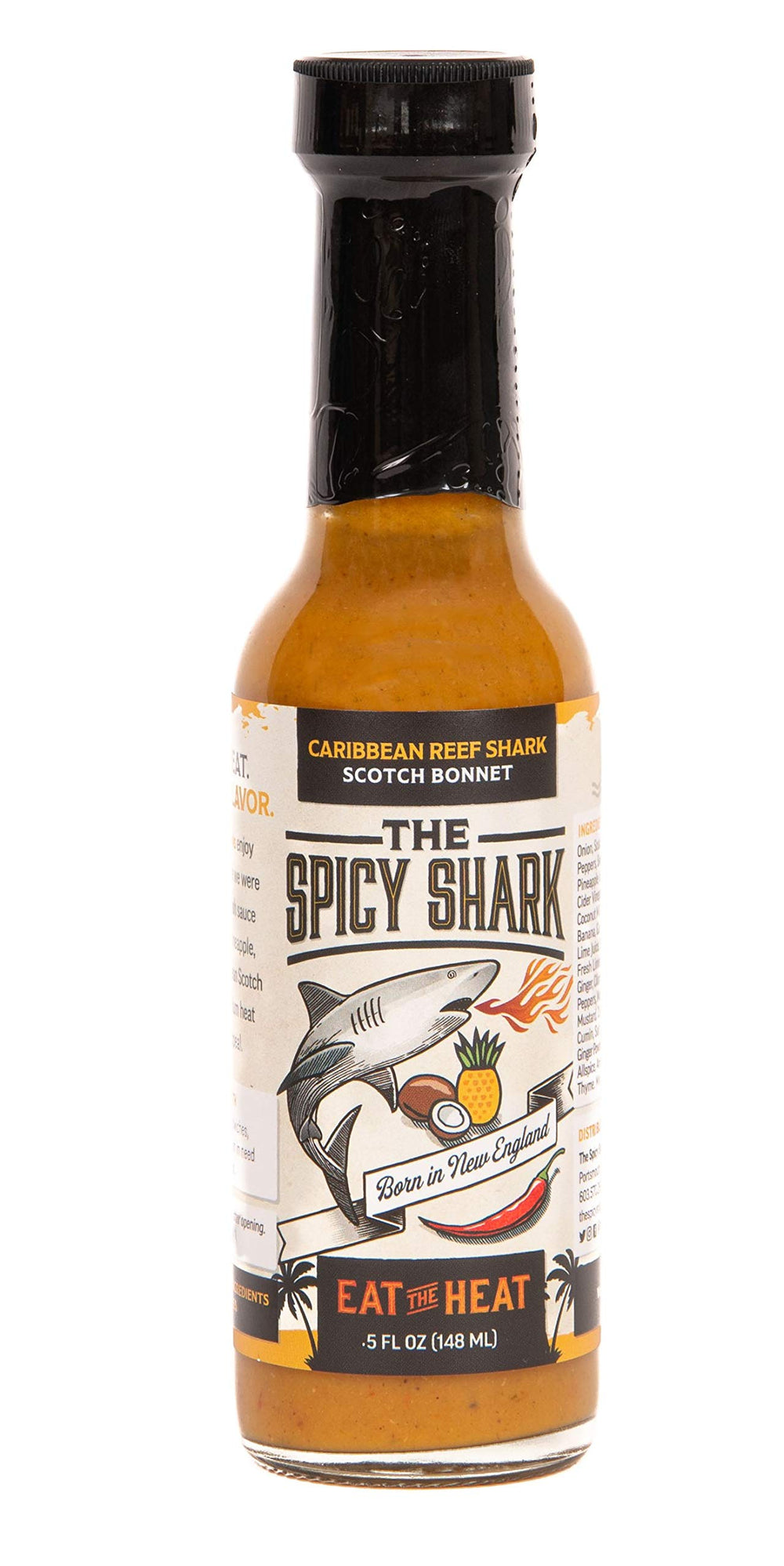 The Spicy Shark bottle front label showing tropical design and flavor benefits