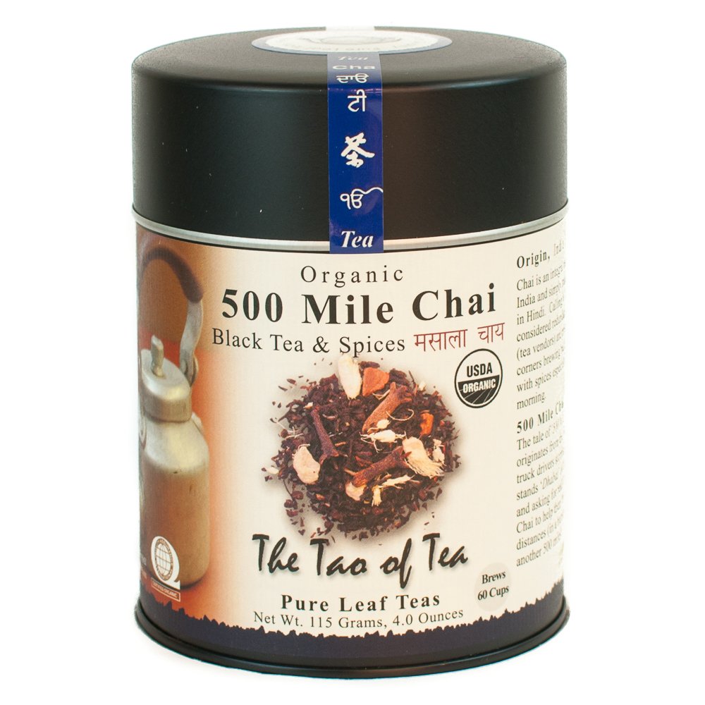 The Tao of Tea 500 Mile Chai tin front view showing label, protects flavor and is easy to store