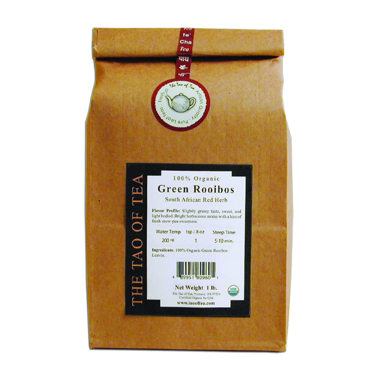 The Tao of Tea green rooibos front packaging showing organic label and 1 lb size for pantry shelf