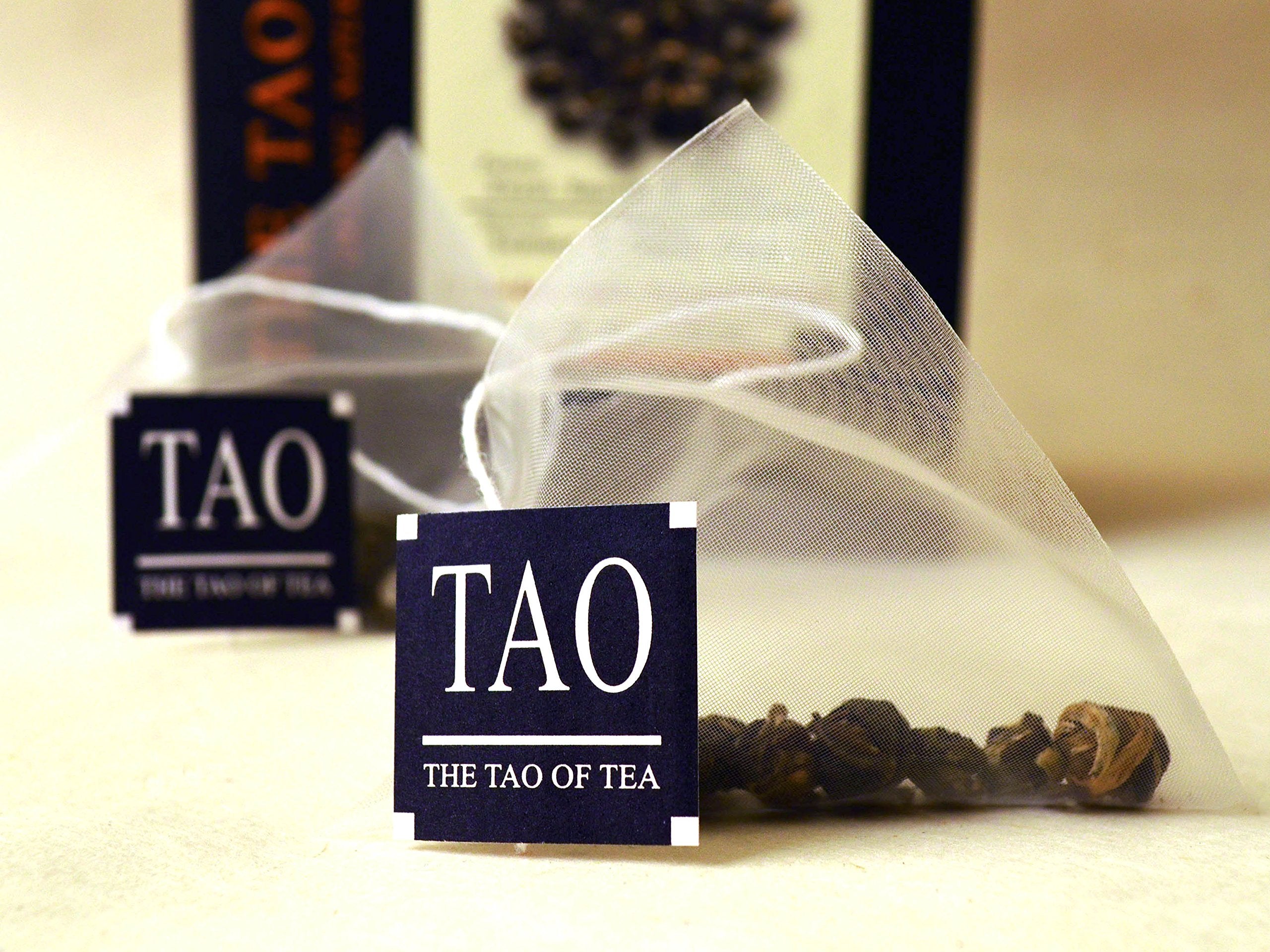 The Tao of Tea pyramid sachet close-up revealing mesh and whole-leaf flow