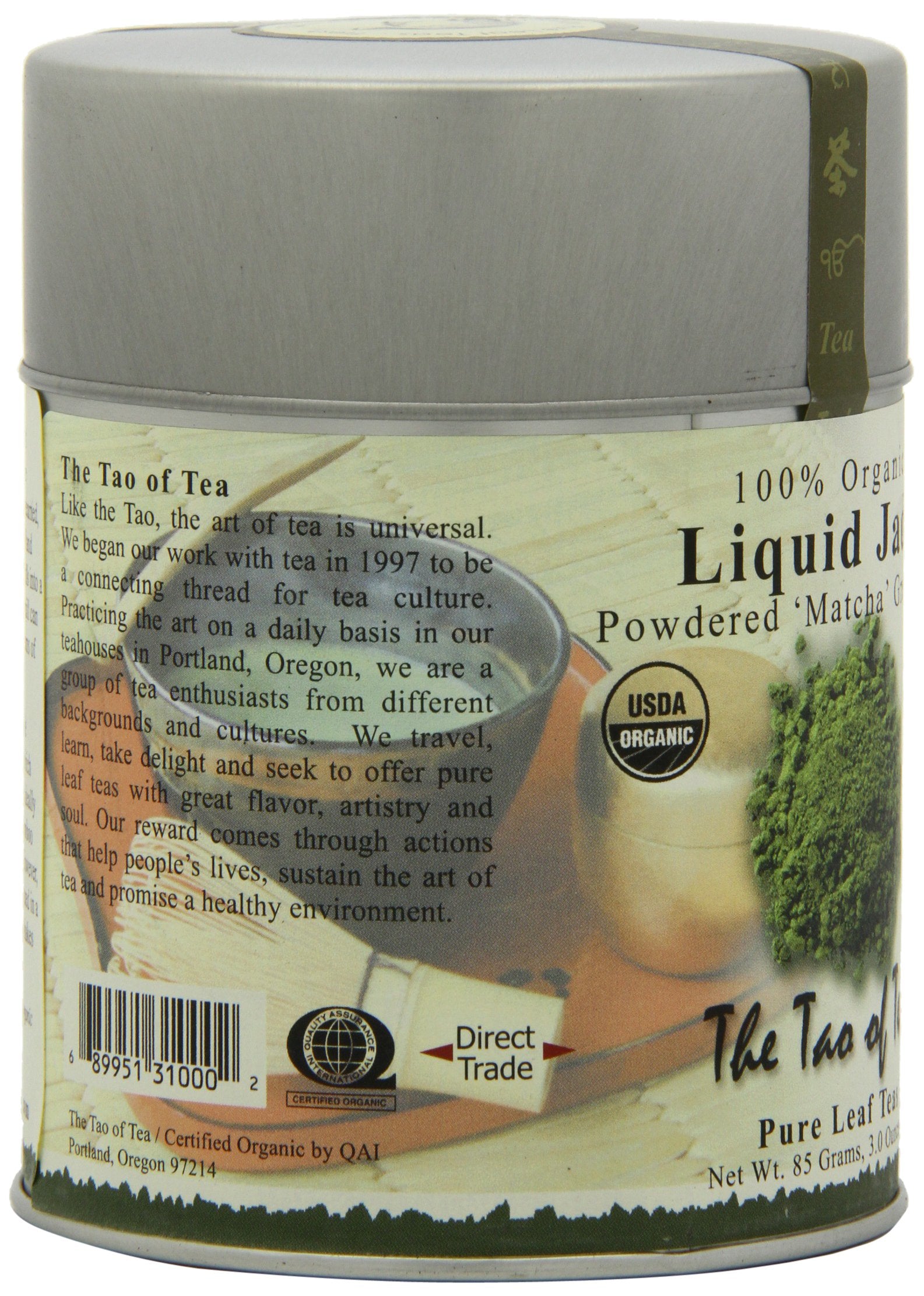 The Tao of Tea Liquid Jade tin beside a teaspoon for scale and portable convenience