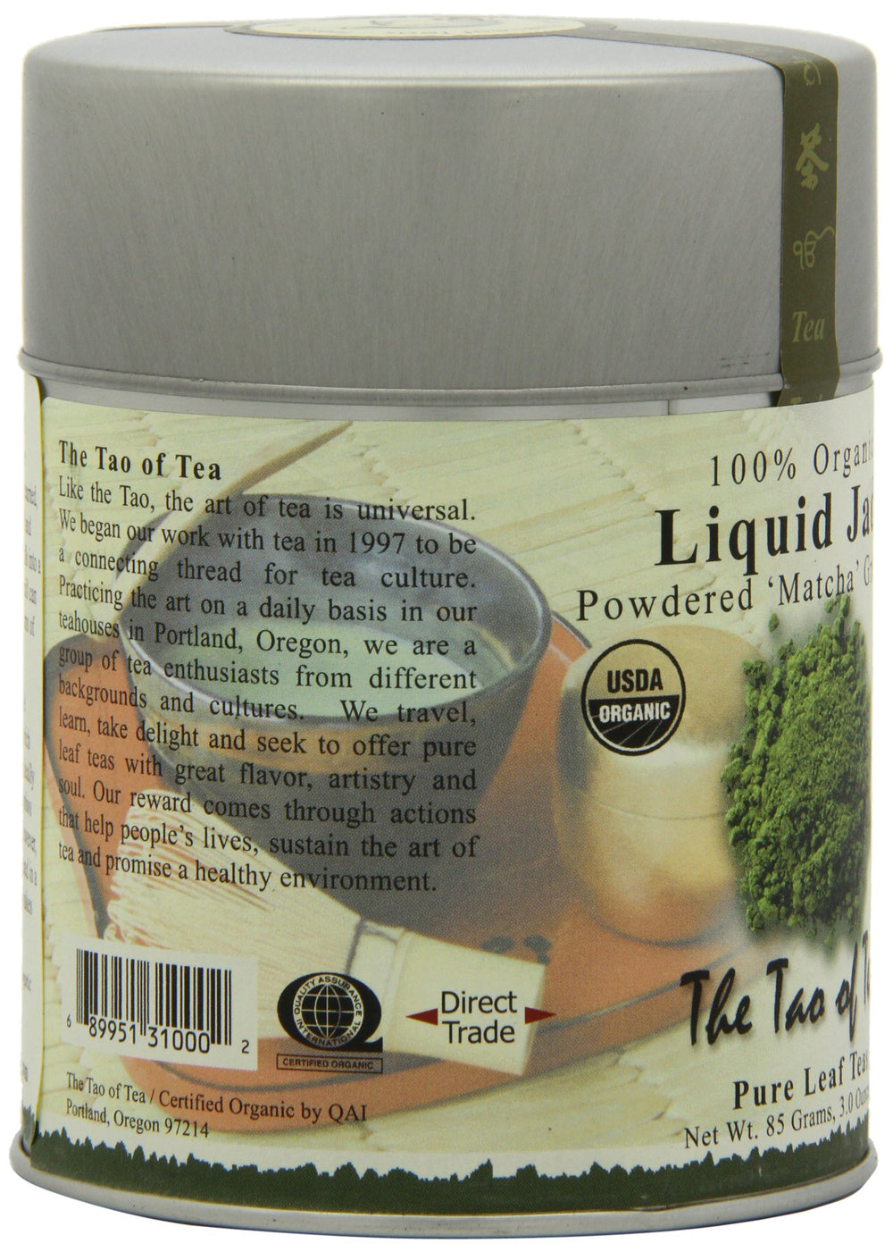 The Tao of Tea Liquid Jade tin beside a teaspoon for scale and portable convenience