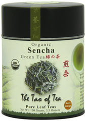 The Tao of Tea sencha tin front view showing organic labeling and freshness preservation