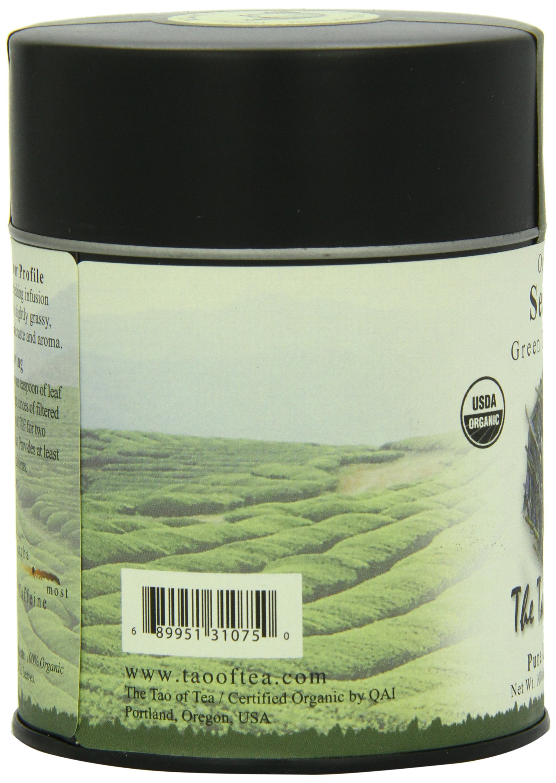 The Tao of Tea sencha tin beside a teaspoon for scale illustrating 3.5 ounce portion