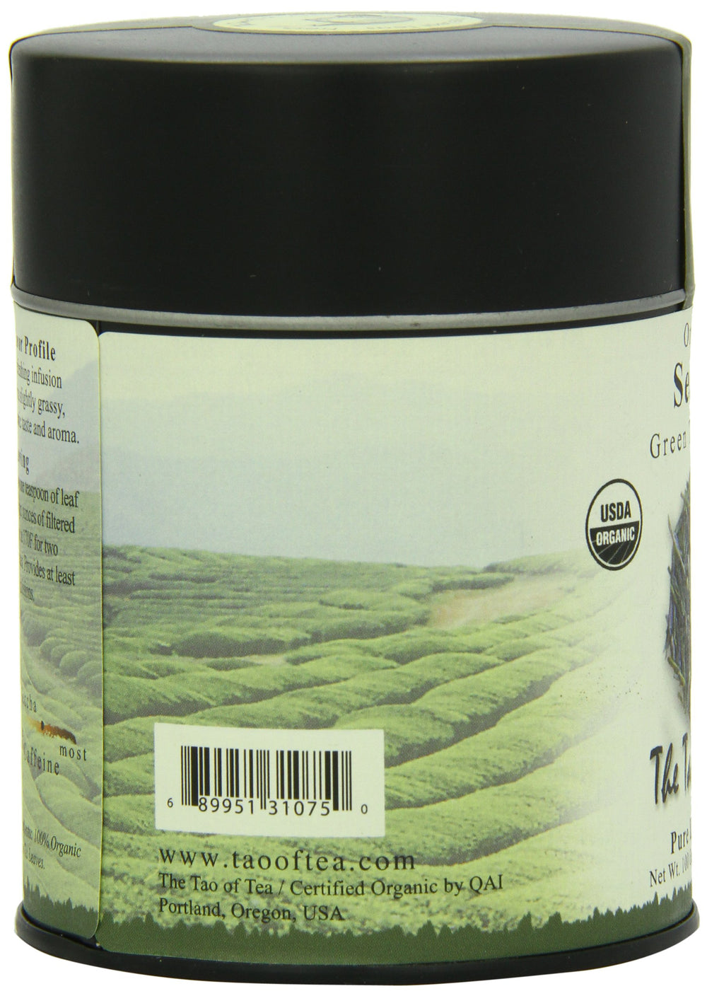 The Tao of Tea sencha tin beside a teaspoon for scale illustrating 3.5 ounce portion