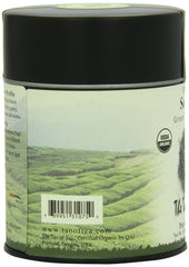 The Tao of Tea sencha tin beside a teaspoon for scale illustrating 3.5 ounce portion
