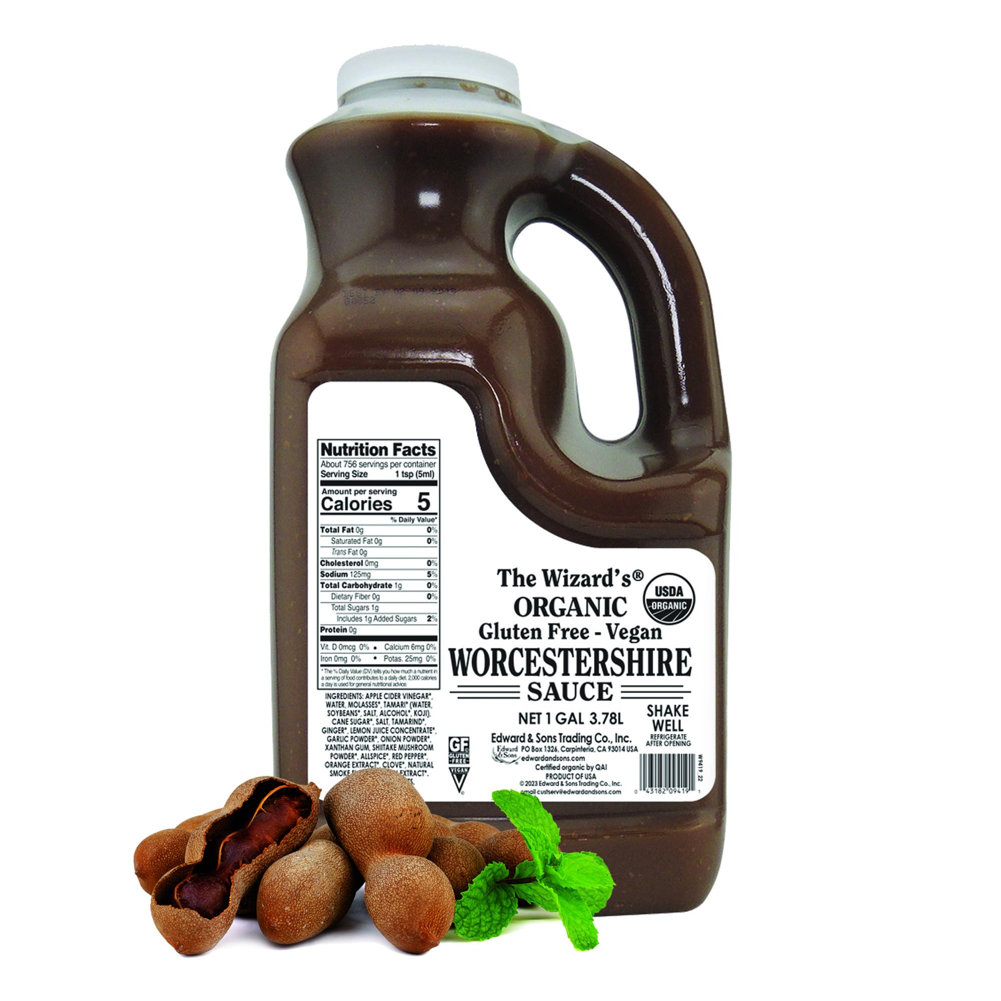 The Wizard's Sauces front label on 128-ounce bottle showing organic branding and flavor benefits