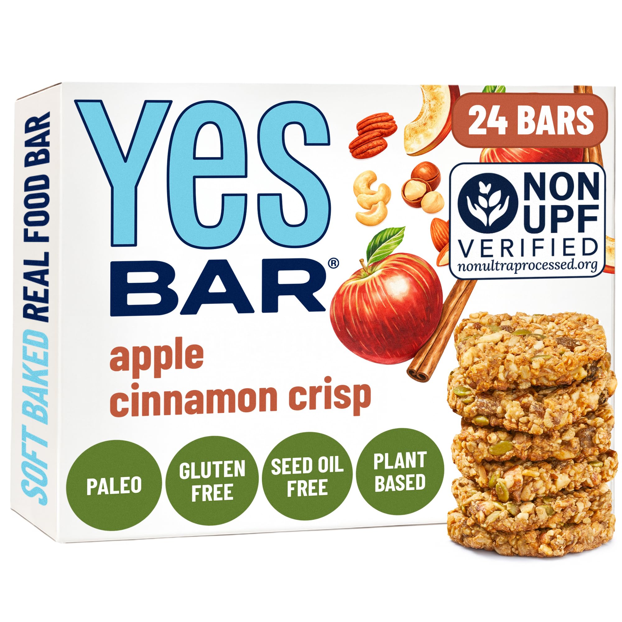 The YES Bar front packaging showing Apple Cinnamon and pack benefits