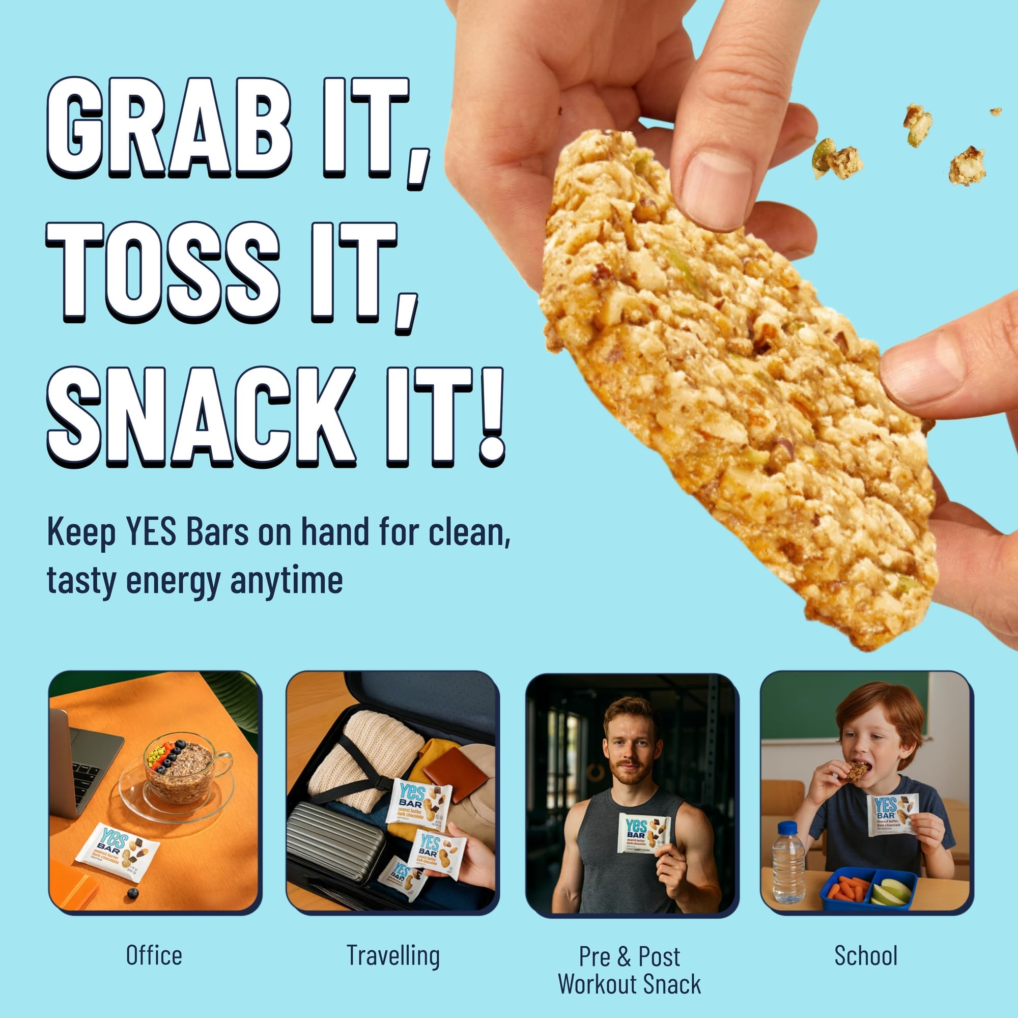 Hand holding The YES Bar to show serving size and portability